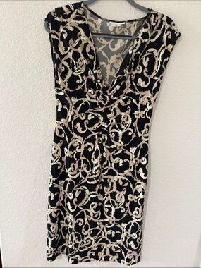 London Times Black and Beige Swirl Cowl-Neck Midi Dress